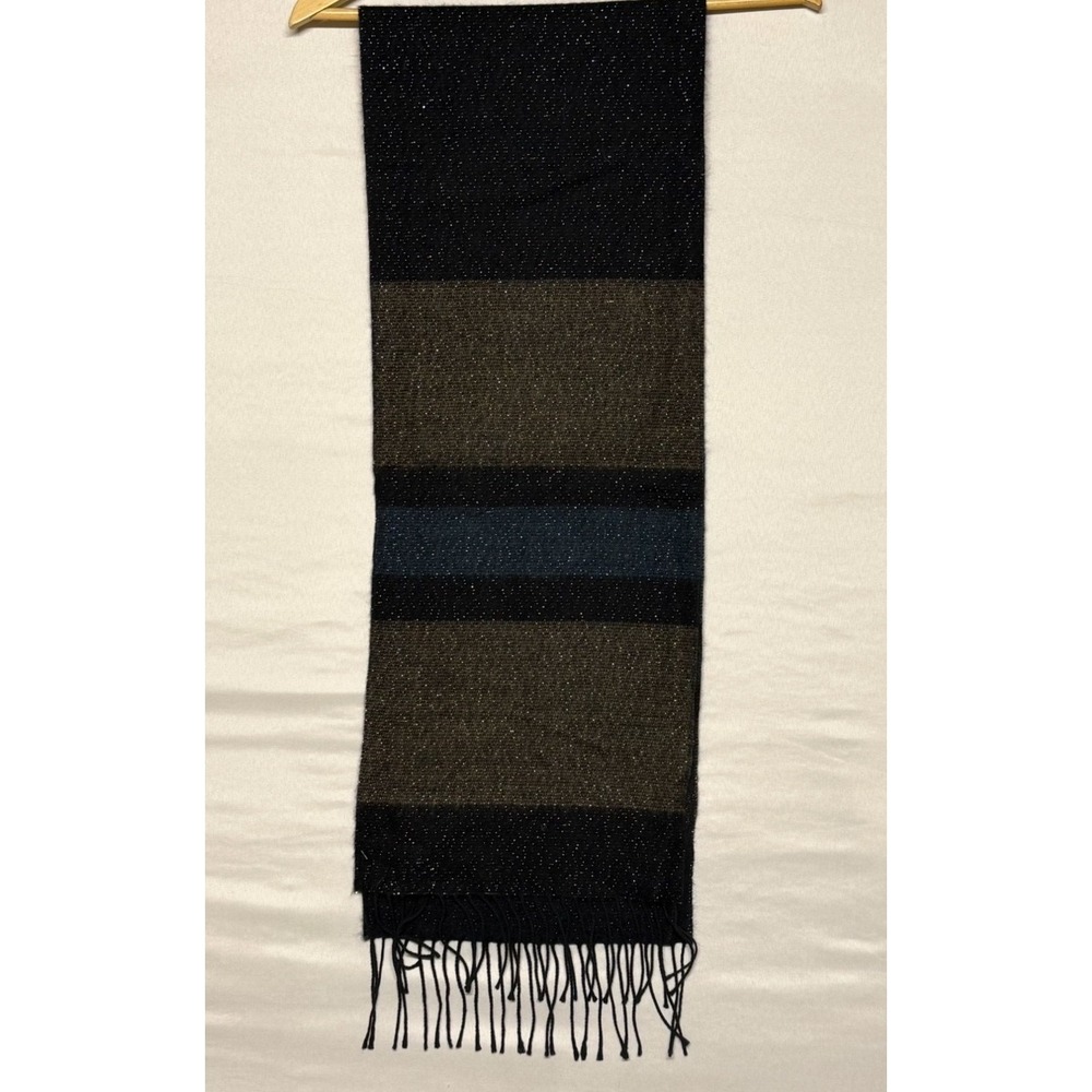 Steve Madden Striped Sparkle Scarf‎ Navy Blue Tan Fringe Made in Italy